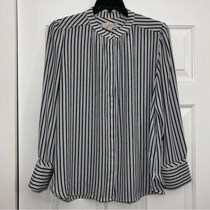 Striped Black and White Women's Blouse Mandarin Collar Long Sleeve Button Down